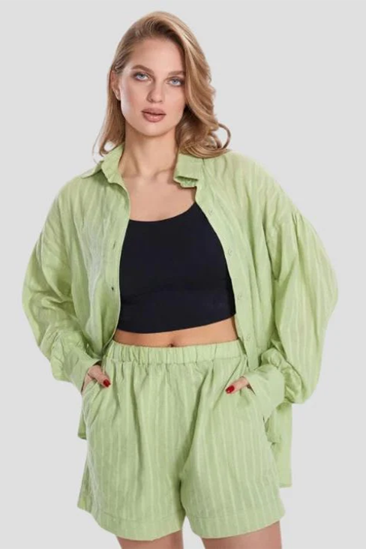 LADIES STRIPE LONG SLEEVES SHIRT WITH SHORTS Sweetkama