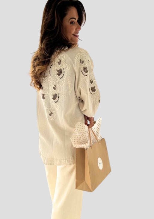 LINEN BLEND EMBROIDERED KIMONO